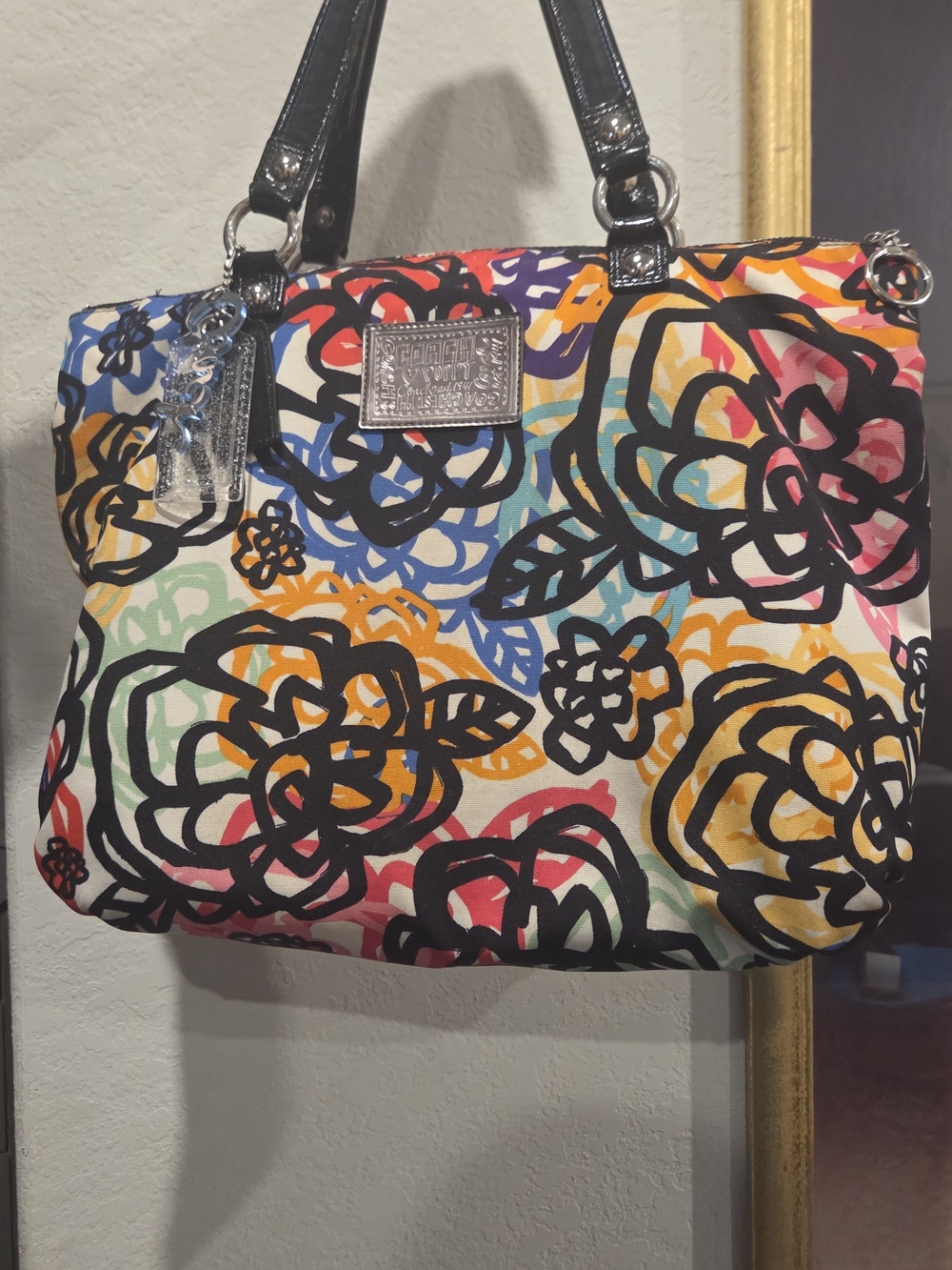 COACH MULTICOLOR FLORAL POPPY GRAFFITI PRINT TOTE SHOULDER BAG PURSE